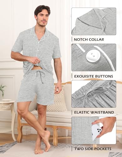 Matching Pajamas for Him Her Short Sleeve Couple Sleepwear Button Down 2 Pcs Pjs Sets Loungewear,Light Grey-S4