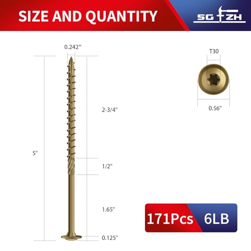 Image of #14 x 5 Inch Lag Screws (171Pcs) 6lb. Structural Wood Screw, Bronze, Carbon Steel, Washer Head, Rust Resistant epoxy Coated, T30 Star Bit