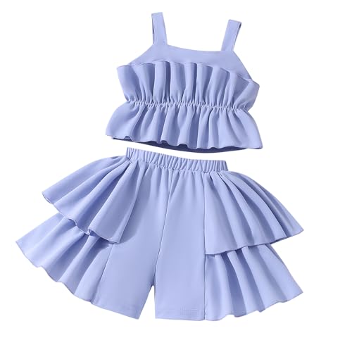 Image of Cute Toddler Girls Two Piece Short Sets Ruffle Sleeveless Top and Elastic Waistband Short Sets