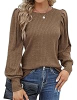 Hotouch Damen Pullover Herbst Elegant Rundhals Puffärmel Bluse Lässig Dünner Langarm Oberteile Braun S