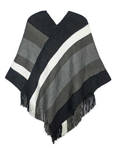 Dahlia Women's Knitted Poncho - V Neck Houndstooth Tassel Cape