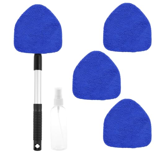 ZJRDYYK Windshield Cleaning Tool, Car Window Cleaner Tool with 4 Reusable and Washable Microfiber Pads and Extendable Handle, Car Cleaner Kit Interior and Exterior (Blue)