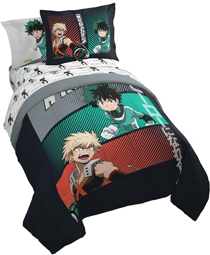 Jay Franco Kids Comforter Set Includes Sheets and Pillow Covers - Soft and Cozy Bed Set for Stylish Room Decor, Black - My Hero Academia, 7 Piece Full Size Bedding