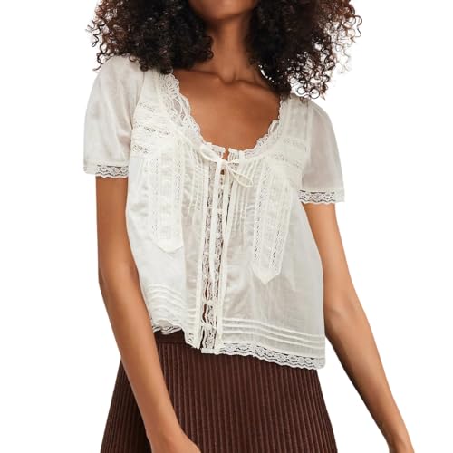 Women Boho Button Down Lace Trim Crop Tee Top Short Sleeve Scoop Neck Ruffle Semi Sheer Flowy Tie Front T Shirt