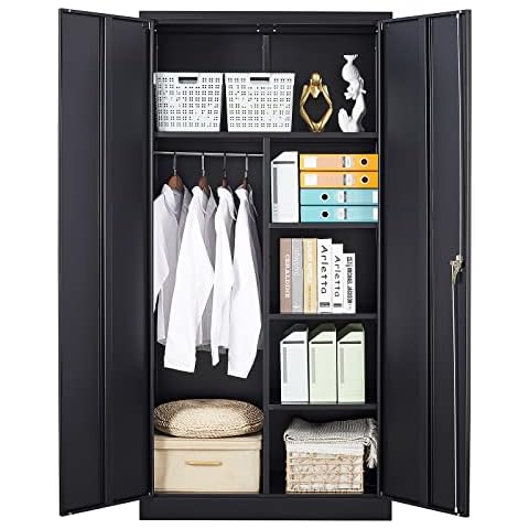 STANI Metal Storage Cabinet, 72" Locking Metal Storage Cabinet with Shelves and Hanging Rod, Metal Cabinet with 2 Doors and Lock for Home, Garage, Office (Black) Cover