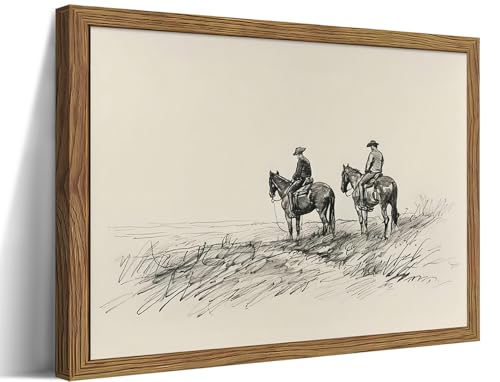 Image of Framed Western Wall Art, Cowboys on Horses Sketch Picture Print, Western Wall Decor, Vintage Country Farmhouse Western Cowboys Canvas for Living Room Bedroom Home 8x10 inch