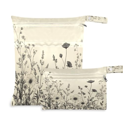 ATTX Black and White Flowers Wet Dry Bags 2-Pack - Reusable Cloth Diaper Storage for Travel, Beach & Gym | Multi-Use Waterproof Bags for Swimsuits, Baby Clothes, Sports Gear#133