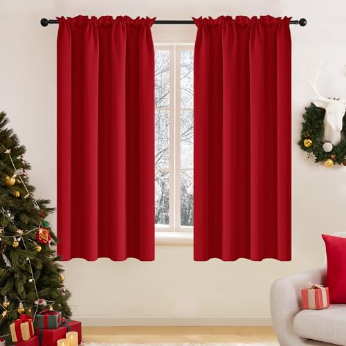Image of Deconovo Polyresin Solid Rod Pocket Window Curtain, 5 Feet, True Red, Pack of 2