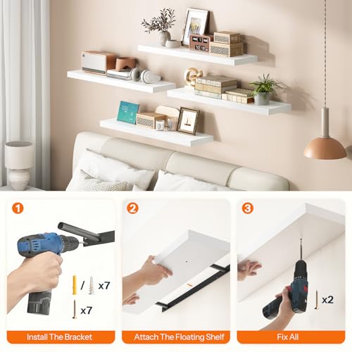 Image of HOOBRO Floating Shelves for Wall, Wall Mounted Shelf Set of 2, 31.5 inch Hanging Shelf with Invisible Brackets, for Wall Decor Storage in Bathroom Bedroom Kitchen Living Room Office, White WT80BJP201