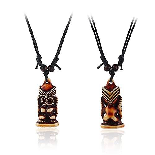 Pingyongchang Hawaiian Tiki Resin Protection Amulet Lucky Pendant Necklace Cute Caved Satue Adjustable Rope Chain Handmade Vintage Jewelry for Mens Women4