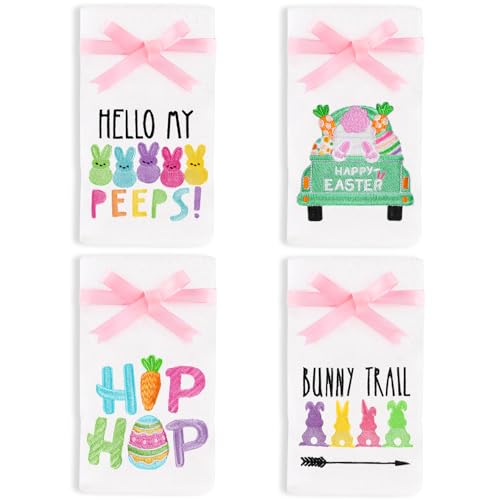 Quera 4 Pack Easter Hand Towels Bunny 100% Cotton Embroidered Premium Luxury Decor Bathroom Decorative Dish Towels Set for Drying, Cleaning, Cooking, Holiday Towels Gift Set 14 "X 29", White, Hip Hop.