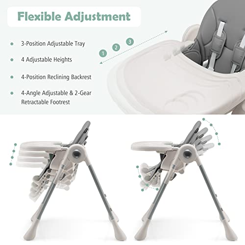 Baby Joy Convertible High Chair For Babies & Toddlers, Foldable Highchair With Adjustable Backrest/Footrest/Seat Height, Double Removable Tray, Detachable Pu Cushion, Built-In Front Wheels (Gray) #TOP3