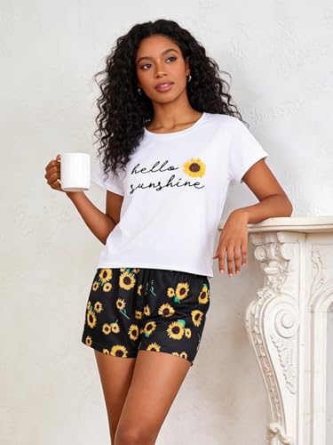 Image of VENTELAN Pajama Set For Women Cute PJS Summer Short Sleeve Shorts Sleepwear