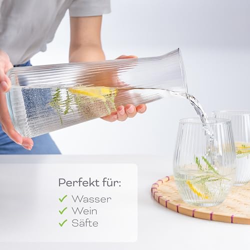 KONZEPT Wasserkaraffe aus robustem, geriffeltem Glas – 1 Liter, spülmaschinenfest, BPA-frei, stilvoll und stabil