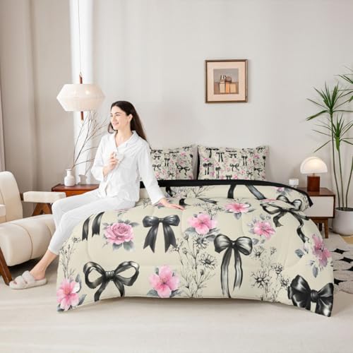 Image of Black Bow Tie 7 Piece Comforter Set Full Bed in a Bag | Boho Floral Pink Flowers Bedding Sets Princess Bow Comforter and Sheet Set, Girly Ribbon Bowknot Bed Sets,Cute Room Decor Aesthetic Kawaii