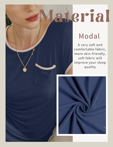 Image of Ekouaer Womens Nightgown Sleep Shirt Dress Satin Patchwork Short Sleeve Sleepwear with Pocket