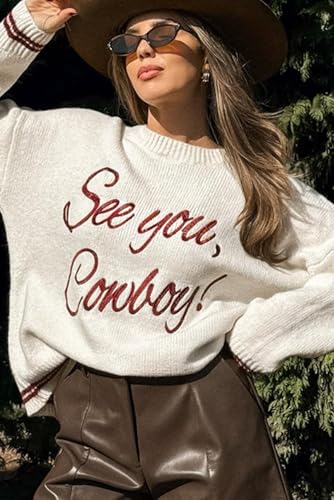 SELINK Women's Western See You Cowboy Pullover Sweater Tops Embroidered Graphic Long Sleeve Round Neck Daily Sweater2