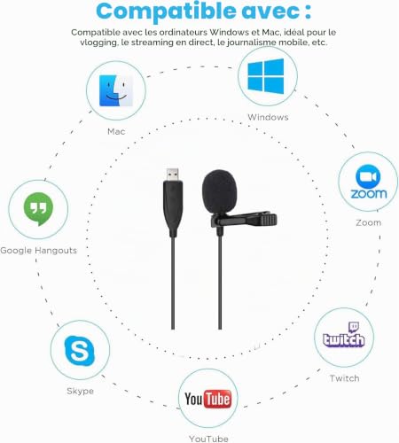 Fyvadio Micro PC, 3 Meters USB Microphone, Lavalier Clip on Condensateur Professionnel Microphone pour Ordinateur, Portable and Mac, Parfait Gaming, Podcast, Enregistrement, Streaming [Plug & Play] – vue 4