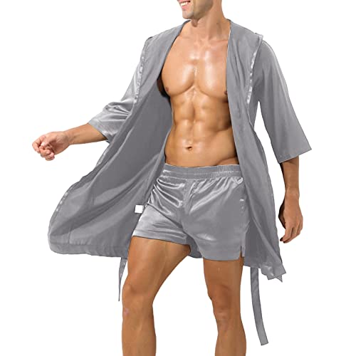 Pijama de satén para hombre, bata de satén corto, camisón de seda de gran tamaño, pijama de camisa con cinturón, ropa de dormir de seda monocolor, cómodo albornoz de seda, camisón de seda, gris, XL