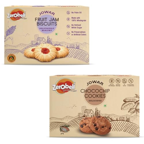 Zerobeli Jowar Choco Chip Cookies (250g) & Fruit Jam Biscuits (400g) | Combo Wholegrain Healthy Snacks | Jowar, Oats, Whole Wheat | No Maida, No Preservatives | High Fiber & Protein | Perfect for Kids