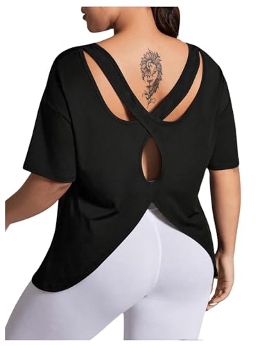 OYOANGLE Women's Plus Size Open Back Workout Tops Short Sleeve Criss Cross T-Shirts Athletic Gym Tee Top