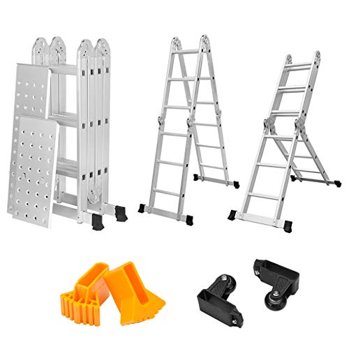 Preisvergleich Produktbild Finether 3.7M Klappleiter Mehrzweckleiter Alu-Leiter Vielzweckleiter Gelenkleiter Universalleiter 4x3 Sprossen mit Plattform / Aluleiter Kombileiter Anlegeleiter belastbar bis 150kg