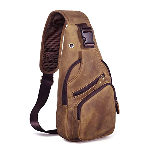 Le'aokuu Men Fashion Casual Tea Designer Travel Hiking Crossbody Chest Sling Bag Rig One Shoulder Strap Bag Men Leather 80153