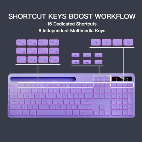 Image of Soueto Wireless Keyboard with 7-Color RGB Backlit, Full-Size Computer Keyboard with Phone Tablet Holder, 2.4G Rechargeable Gaming Keyboard with Light Up Keys, Compatible with Mac, Windows (Purple)