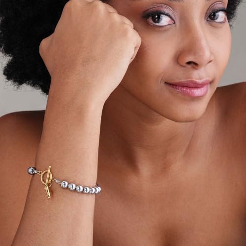 Image of PALMONAS 18k Multi Tone Plated Silver Bead Bracelet with Gold Heart Charm for Womens | Gifts for Girlfriend, Gifts for Women and Girls |