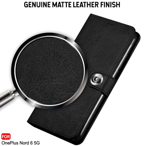 Image of TheGiftKart Genuine Leather Finish Flip Back Cover Case for OnePlus Nord 6 5G / CE 6 5G | Inbuilt Pockets & Stand | Wallet Style | Designer Button Magnet Flip Back Cover Case (Faux Leather, Black)