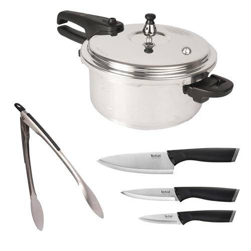 Consejos para Comprar Olla express tefal los 5 mejores. 44 T-fal Set de cocina Flavor Chef, inlcuye 5 piezas, Olla de presión de aluminio 4L, Pinzas de Cocina Auxiliares, Set de 3 cuchillos con funda protectora, P2606501M