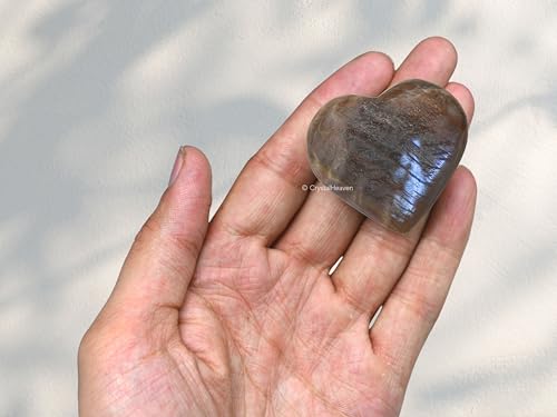 Image of Crystal Heaven Certified Sun Moonstone Heart Palm Pebbles Stones For Anxiety Stress Relief Massage - Aaa Grade Original Healing Gemstone Agate Heart Palm Stone For Yoga Meditation Spiritual