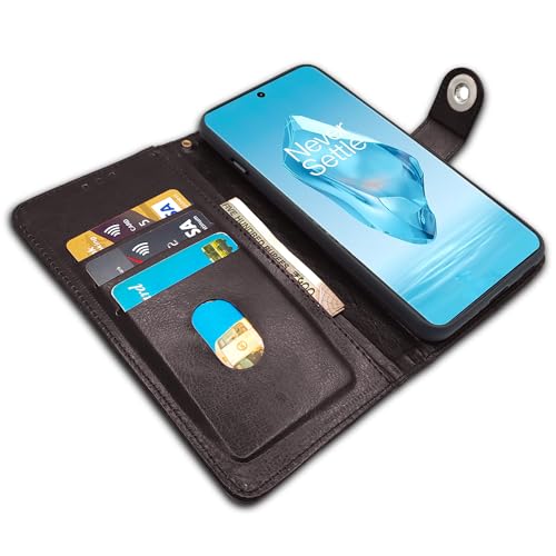 Image of Pikkme OnePlus 12R 5G Flip Cover Leather Finish | Inside TPU with Card Pockets | Wallet Stand and Shock Proof | Complete Protection Button Flip Case (Coffee)