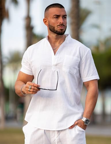 COOFANDY Men's Cotton Linen Henley Shirt Short Sleeve Hippie Casual Beach T-Shirts with Pocket4