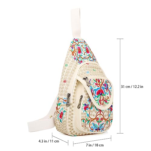 Image of SILKAREA Vintage Floral Small Sling Bag for Women's Chest Purse Handbag Shoulder Bag Travel Embroidered Backpack Purse (Beige Red)