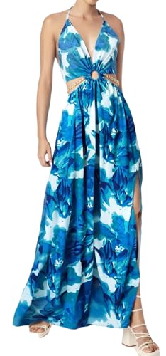 Image of Qikaka Women's Sleeveless Deep V Neck Floral Printed Metal Chain Bodycon Sexy Nightclub Party Boho Dress