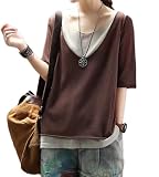 [Fosys] フェイクレイヤード 重ね着風 Tシャツ 半袖 レディース 夏服 ニット 薄手 大きいサイズ カジュアル (JP, アルファベット, L, コーヒー)
