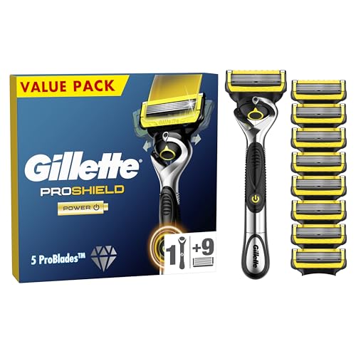 Gillette ProShield Power Men's Razor + 9 Razor Blade Refills with Precision Trimmer, 5 Anti-Friction Razor Blades
