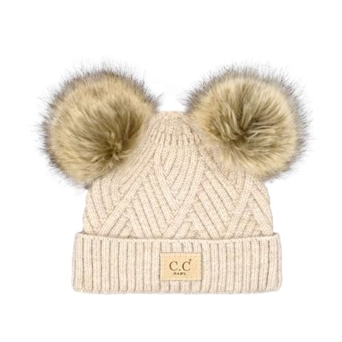 Image of C.C Kids' Babies' Soft Stretch Cable Knit Faux Fur Pom Pom Beanie Hat