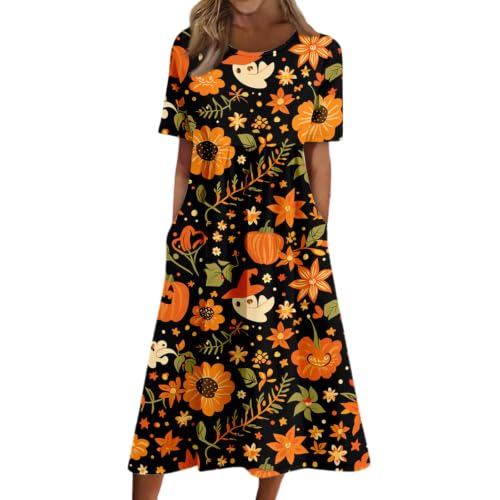 Robe longue ample imprimé chat citrouille pour dissimuler les rondeurs avec style