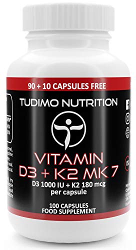 Vitamina D3 y K2 MK7 1000 UI / 180 mcg  100 pzas (3+ Meses de Provisión) de Cápsulas de Desintegración Rápida de Calidad Premium con Vit K2 Menaquinona y Vit D3 Colecalciferol, de TUDIMO