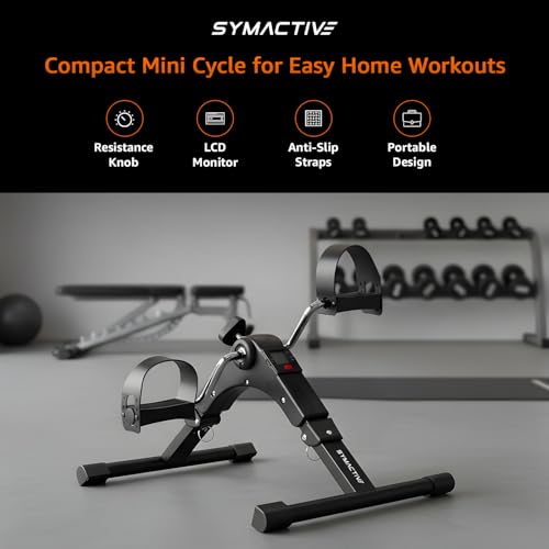 Image of Amazon Brand - Symactive Fitness Mini Cycle Pedal Exerciser I Heavy Material with Fixing Straps| Adjustable Resistance Levels and Digital Display | Anti-Skid, Compact & Portable | Black