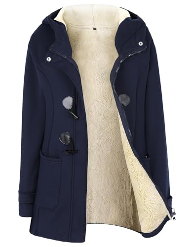 Gihuo Winter Jackets for Women Sherpa Lined Jacket Women Duffle Toggle Coat Hooded Fleece Jacket (US, Alpha, X-Large, Regular, Regular, Navy)