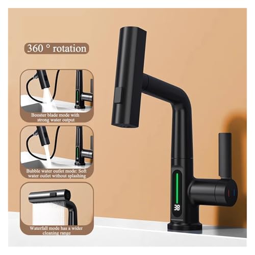 Grifo de lavabo con pantalla digital y caño de cascada elevable 3