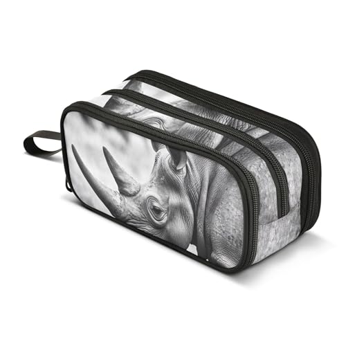 TSENQUE Rhino Estojo de lápis preto e branco para foto rinoceronte bolsa de lápis grande bolsa de armazenamento de lápis para meninas bolsa de caneta decorativa faculdade escolar escolar material de