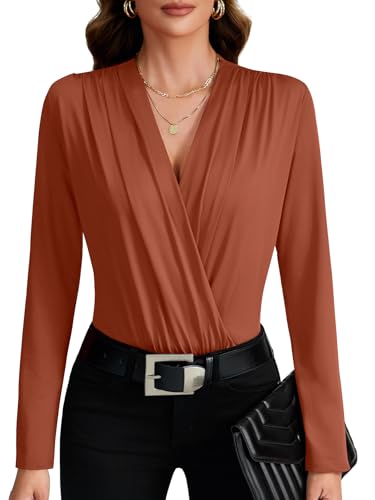 LYANER Women's Wraped Deep V Neck Ruched Long Sleeve Leotard Bodysuit Tops Burnt Orange# Large