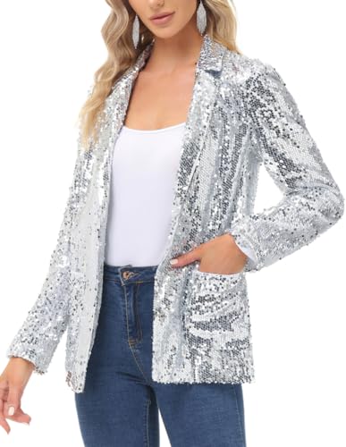 KANCY KOLE Women's Casual Sequin Blazer Long Sleeve Open Front