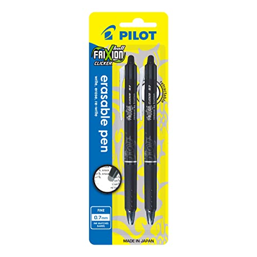 Pilot Frixion Clicker Erasable Retractable Gel Pen, Fine Tip (0.7mm) - Pack of 2 Gel Pens - Black