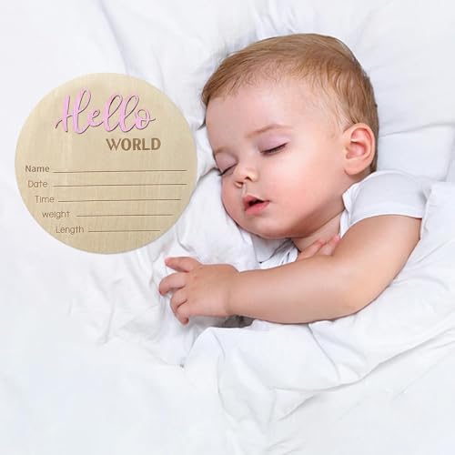 Image of Baby Announcement Sign, ​5.9 Inch Wooden Hello World Newborn Signs, Birth Announcement Sign, Baby Shower Hospital Nursery for Newborn Boys and Girls (Light Pink,Pen)