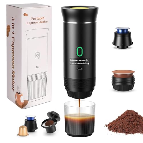 Portable Espresso Coffee Machine, Capsule Coffee Maker with Self-Heating 3 in 1 Camping Coffee Machines Compatible with Big/Small Capsule, Coffee Powder for Camping, Travel, Office & Home Use, Hiking